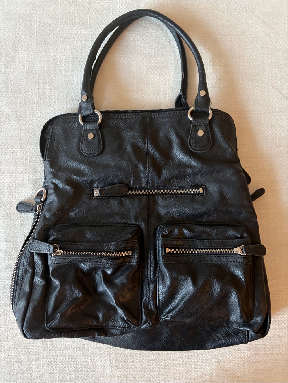 Style & Co. Black Leather Shoulder Bag with Front Zip Pockets